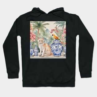 Ginger cat and macaw parrot in chinoiserie landscape Hoodie